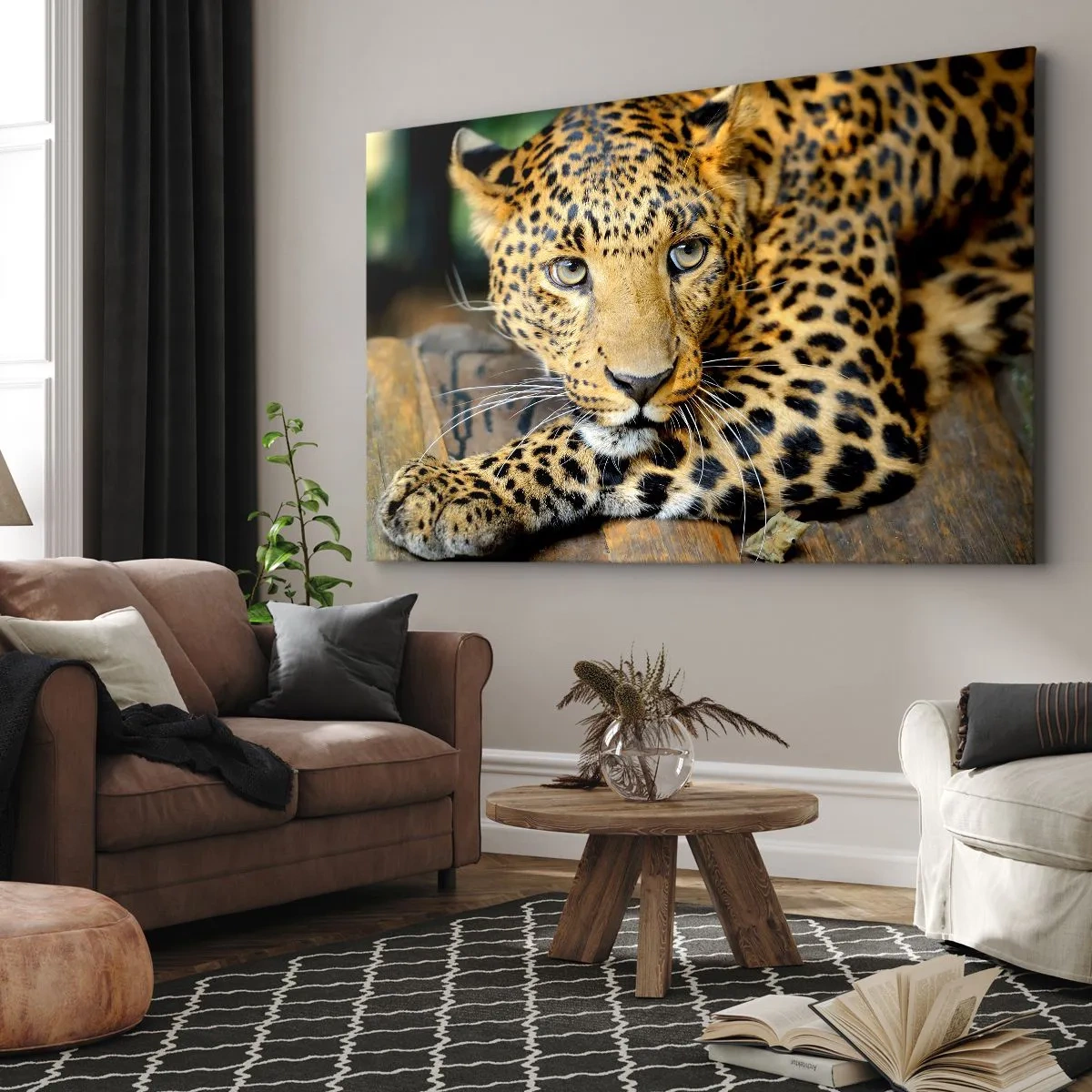 Lærredstryk - Billede på lærred - Portræt af en leopard i dens naturlige omgivelser - 70x50cm - Vær ikke bange, kom nu - Moderne vægdekoration til stue og soveværelse ARTTOR