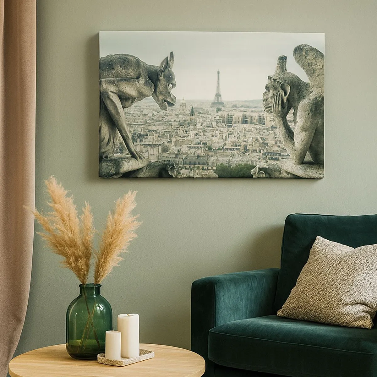 Lærredstryk - Billede på lærred - Gargoyler med udsigt over Paris' skyline og Eiffeltårnet - 70x50cm - Parisisk chat - Moderne vægdekoration til stue og soveværelse ARTTOR