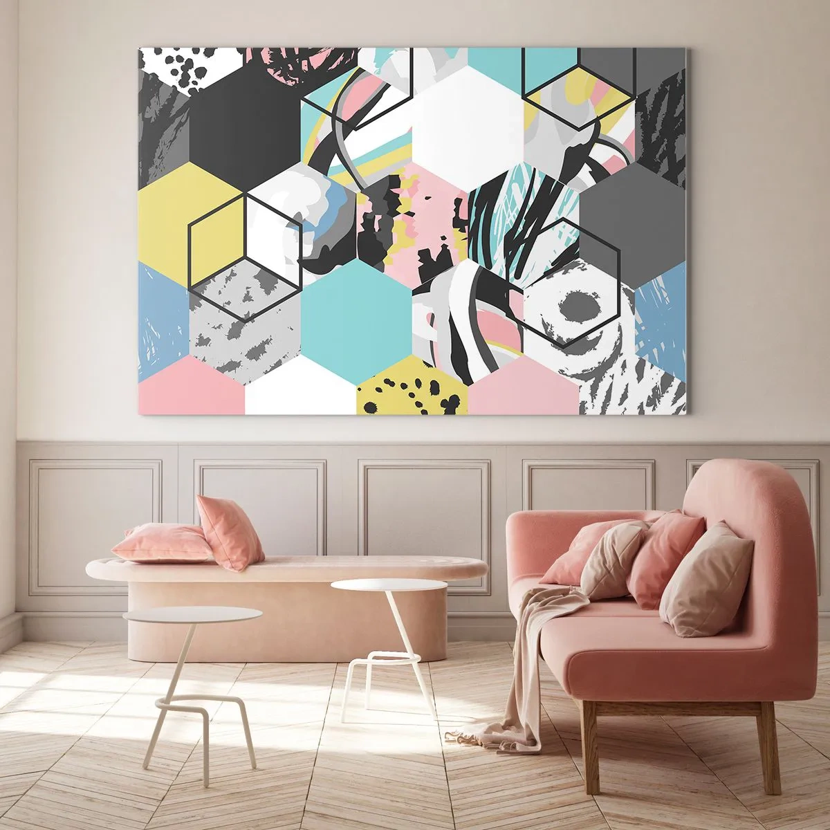 Billede på glas - Farverige terninger og sekskanter i en moderne komposition - 70x50cm - Sekskanter og terninger i seks farver - Moderne vægdekoration til stue og soveværelse ARTTOR