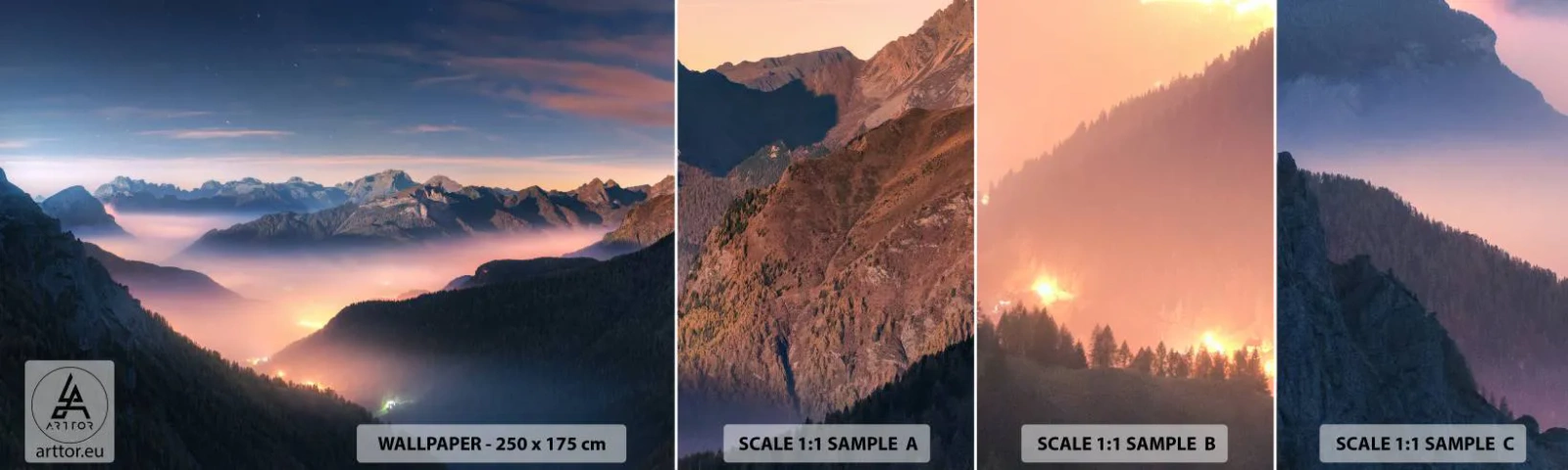 Prøve Fototapet Selvklæbende Deluxe Sticker - Lys i dalene - Landskab, Bjerge, Skov - 100x30 cm