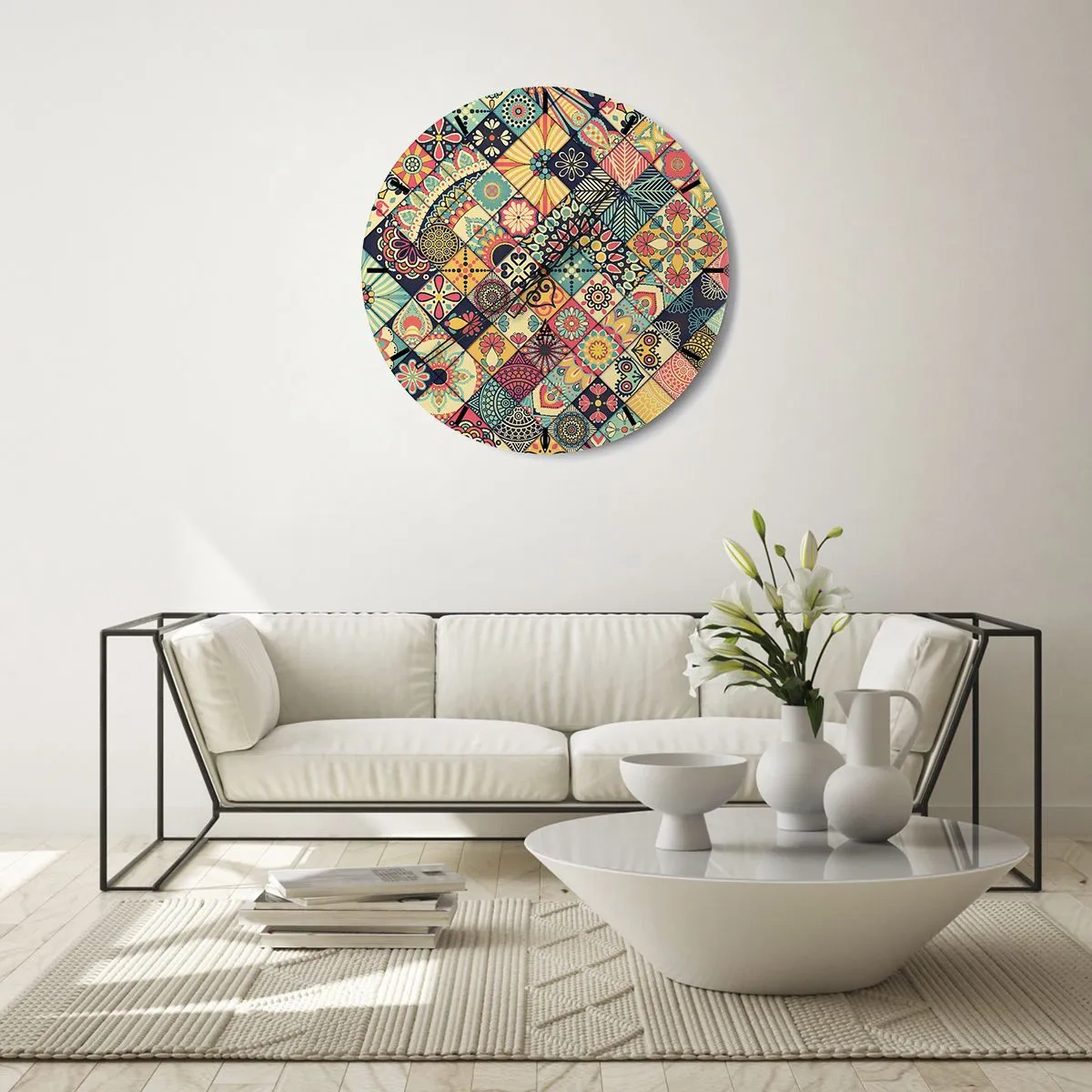Vægur, Uret - Farverigt patchwork-motiv med geometriske mønstre - 30x30cm - Marokkansk stemning - Moderne vægdekoration til stue, køkken og soveværelse ARTTOR