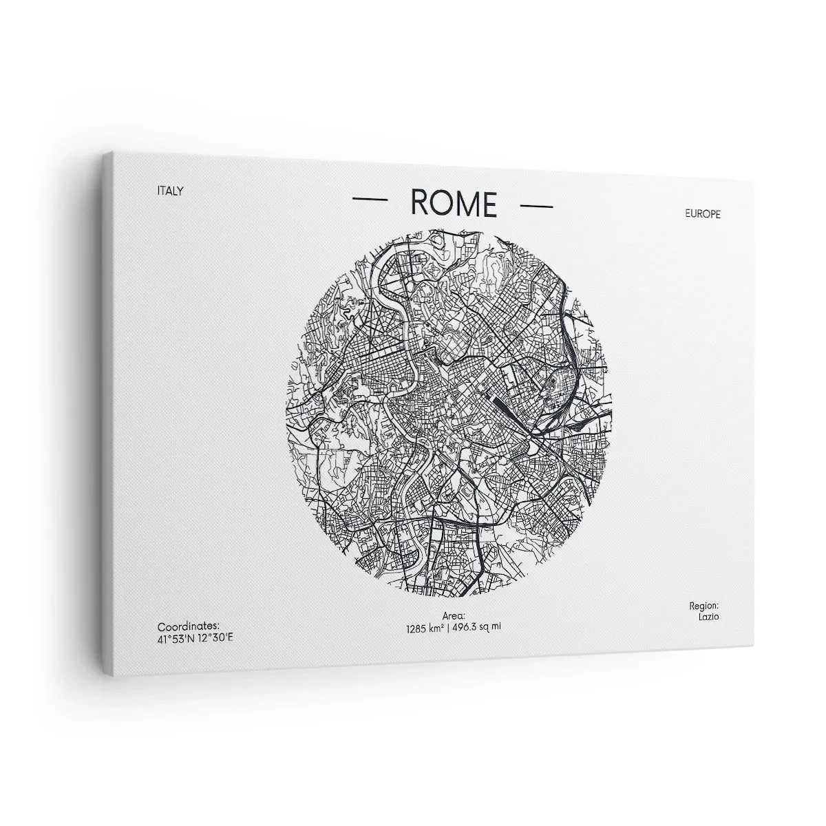 Lærredstryk - Billede på lærred - Et kort over Rom i minimalistisk, sort-hvid stil - 70x50cm - Anatomi af Rom - Moderne vægdekoration til stue og soveværelse ARTTOR