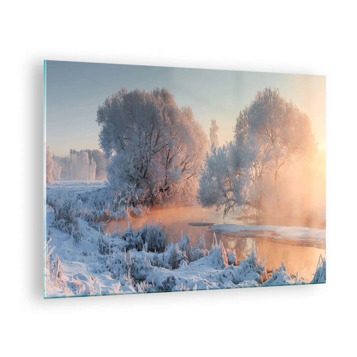 Billede på glas - Vinterlandskab med en frossen sø og morgentåge - 70x50cm - Alt lyser i solskinnende krystal - Moderne vægdekoration til stue og soveværelse ARTTOR