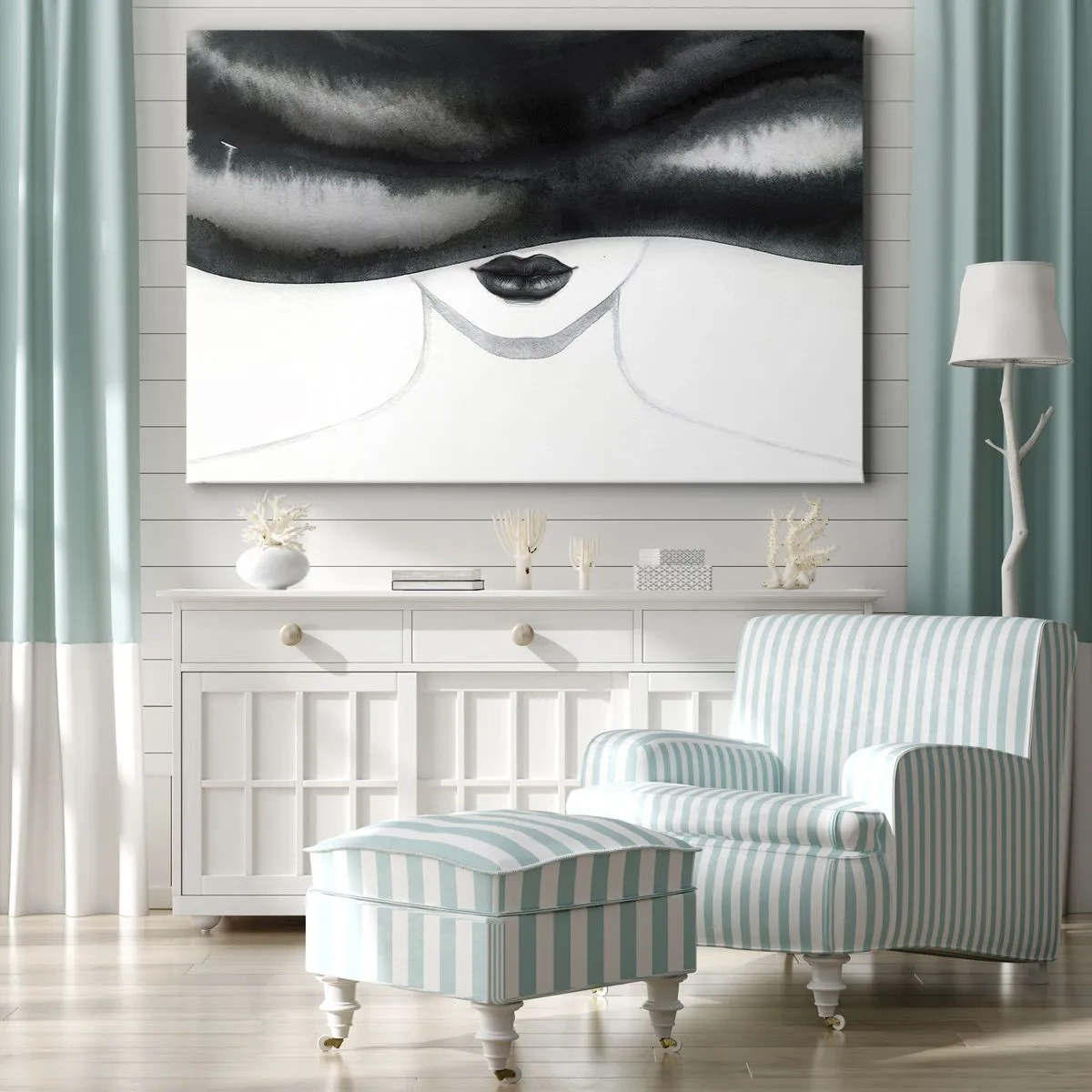 Lærredstryk - Billede på lærred - Et diskret portræt af en kvinde med ansigtet dækket i en monokrom stil. - 70x50cm - Et sensuelt mysterium - Moderne vægdekoration til stue og soveværelse ARTTOR