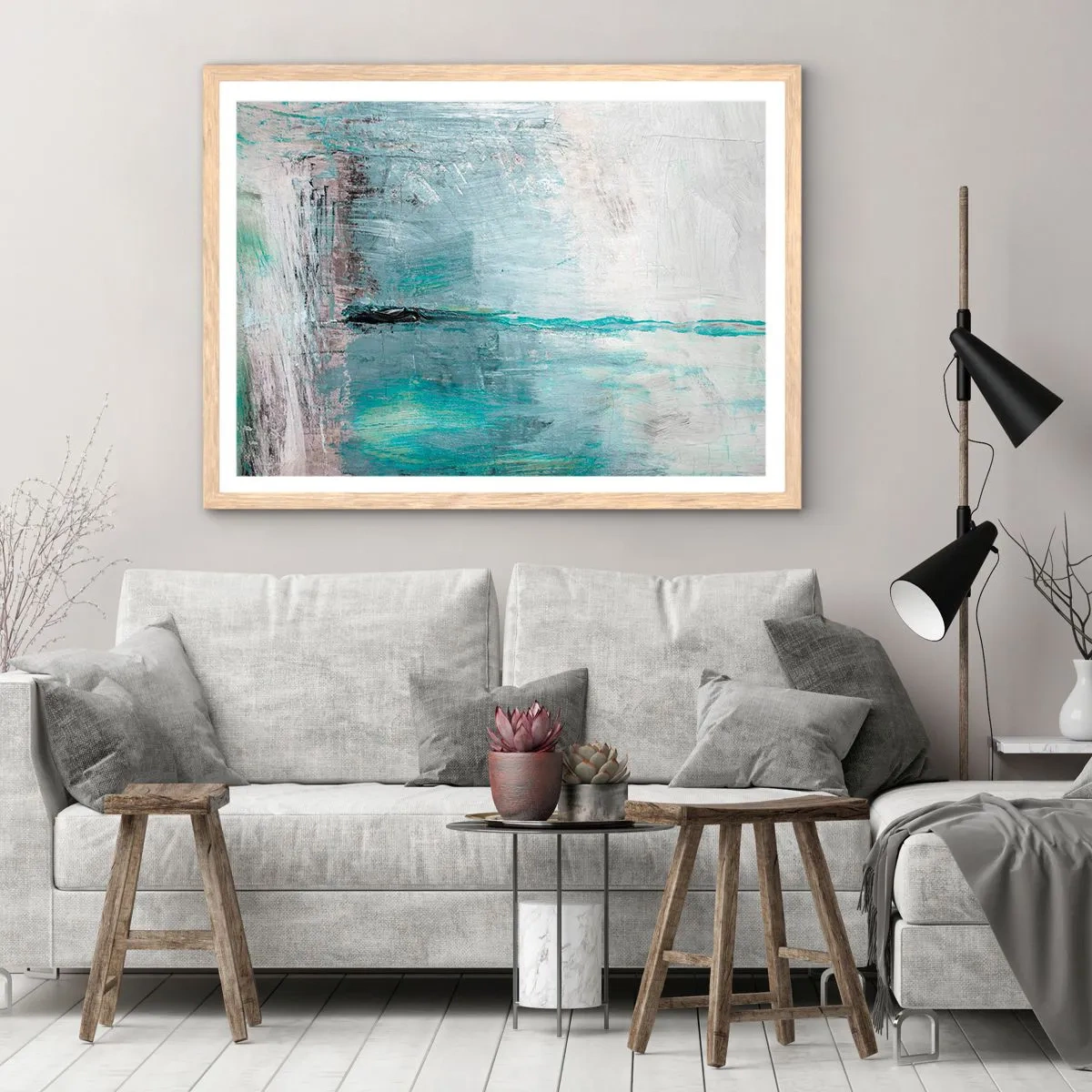 Plakat i ramme af lyst egetræ - Horisontalt med blå farve - 100x70 cm