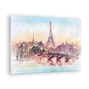 Billede på glas - Et panorama af Paris med Eiffeltårnet i en delikat akvarelstil - 70x50cm - Den eneste by af sin art i verden - Moderne vægdekoration til stue og soveværelse ARTTOR