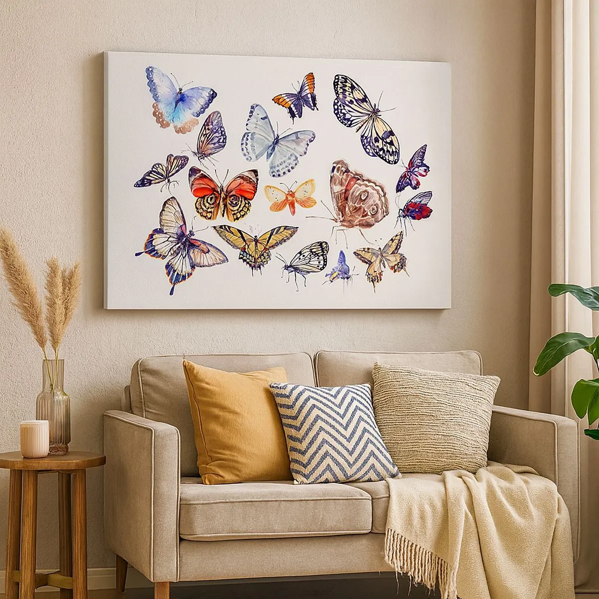 Lærredstryk - Billede på lærred - Farverige sommerfugle på en hvid baggrund - 70x50cm - Blonder, farverig sværm - Moderne vægdekoration til stue og soveværelse ARTTOR