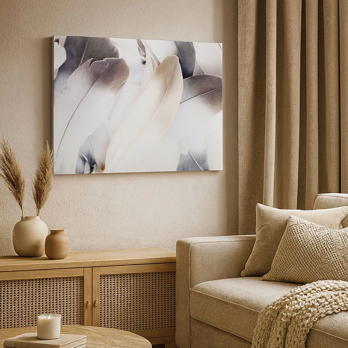 Lærredstryk - Billede på lærred - Nærbillede af fine fjer i nuancer af hvid og grå - 70x50cm - Næsten engleagtig - Moderne vægdekoration til stue og soveværelse ARTTOR
