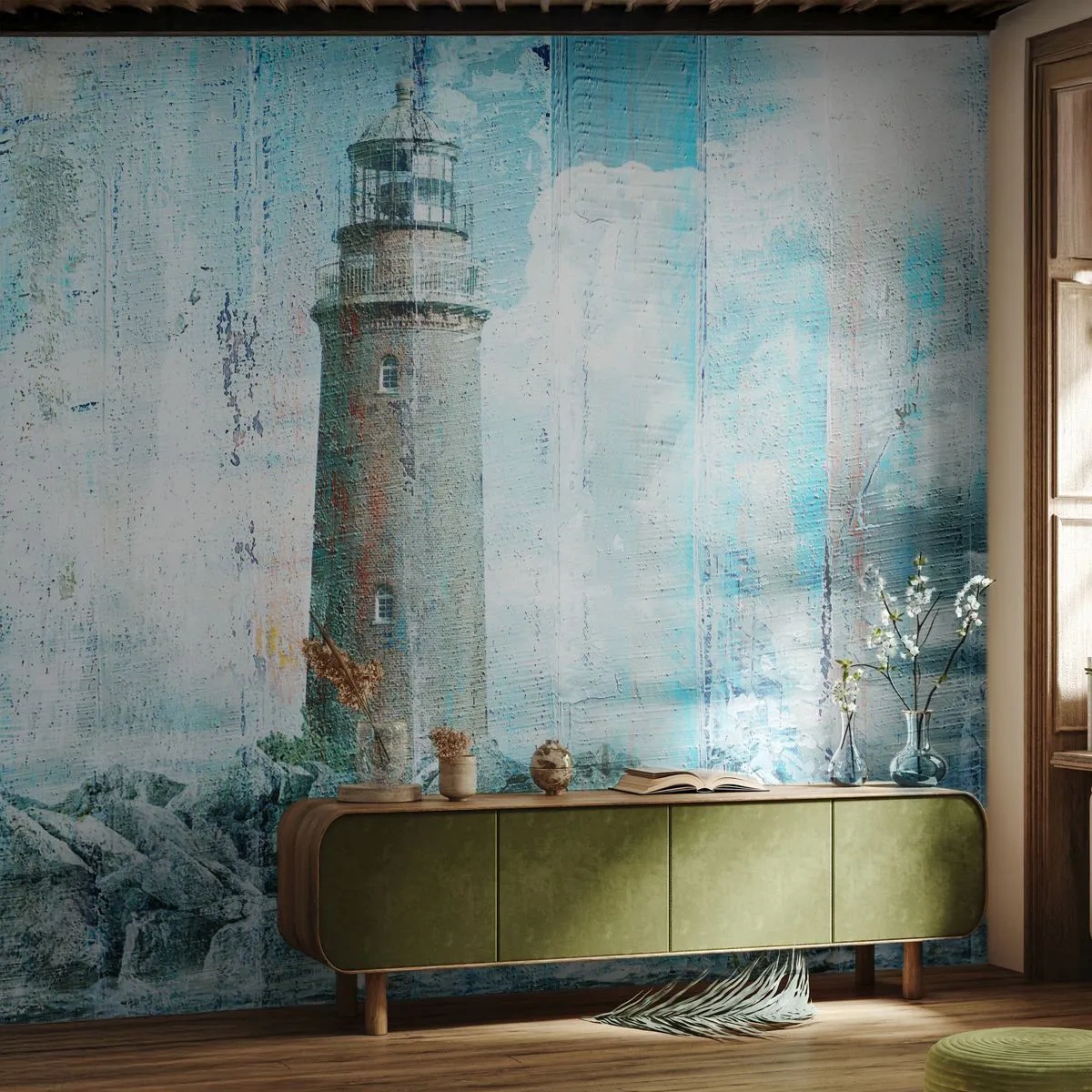 Fototapet Premium Canvas - På gammelt træ - Abstraktion, Fyrtårn, Hav - 200x140 cm