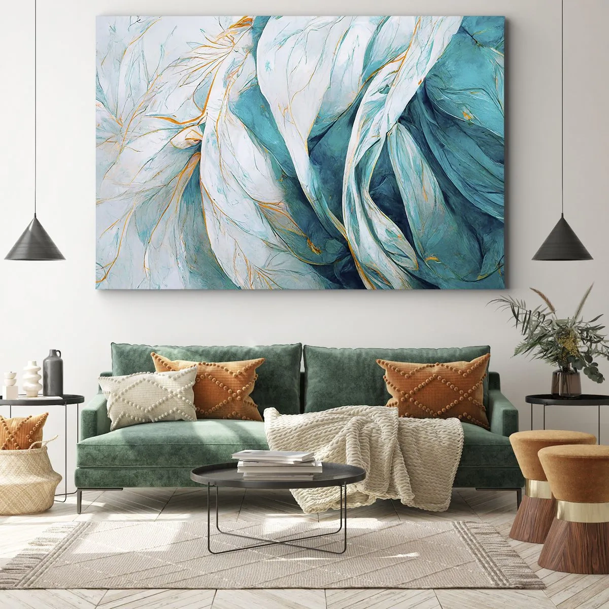 Lærredstryk - Billede på lærred - Abstrakte blå blade med gulddetaljer - 70x50cm - Blå abstraktion med et guldmotiv - Moderne vægdekoration til stue og soveværelse ARTTOR