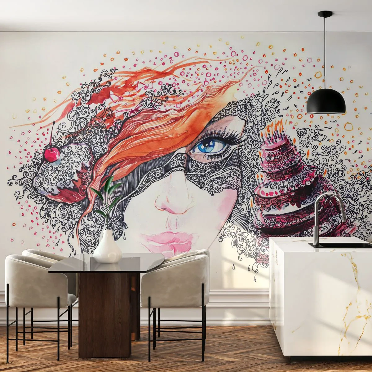 Fototapet Standard Eco - Hos hende er hver dag en ferie - Abstraktion, Kvindens ansigt, Kage - 200x140 cm