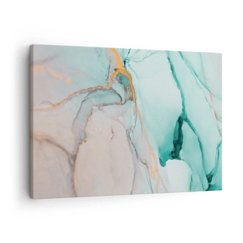 Lærredstryk - Billede på lærred - En abstrakt komposition i nuancer af turkis og guld. - 70x50cm - Dans af former og farver - Moderne vægdekoration til stue og soveværelse ARTTOR