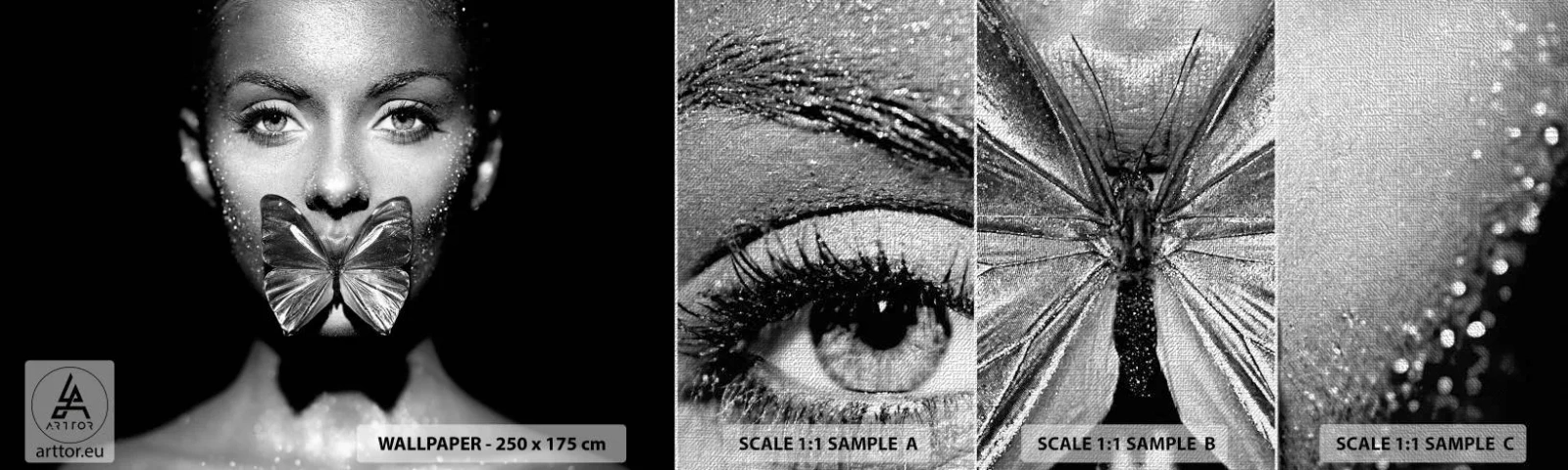 Prøve Fototapet Premium Canvas - Sommerfuglekys - Abstraktion, Kvinde, Sommerfugl - 100x30 cm