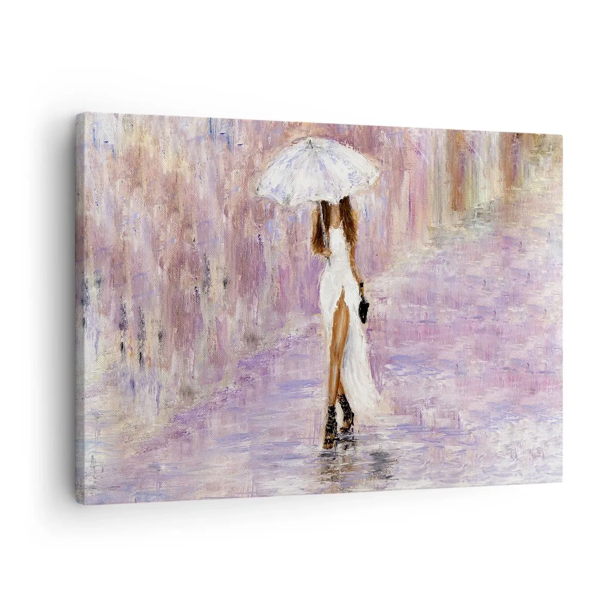 Lærredstryk - Billede på lærred - En kvinde med en paraply går i regnen i lilla toner - 70x50cm - I den syrenrøde regn - Moderne vægdekoration til stue og soveværelse ARTTOR