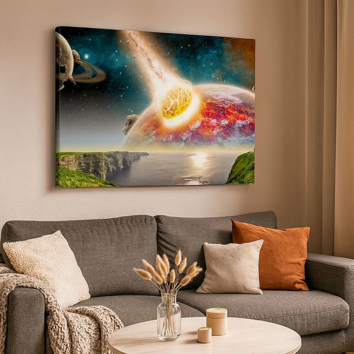 Lærredstryk - Billede på lærred - En meteorit støder sammen med en planet i et kosmisk landskab. - 70x50cm - Kosmisk drama - Moderne vægdekoration til stue og soveværelse ARTTOR