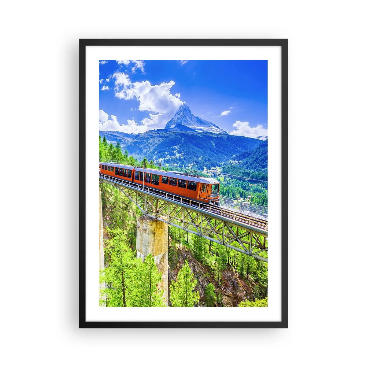 Plakat i sort ramme - Et tog på en bro i Alperne med udsigt til Matterhorn - 50x70cm - Jernbane til Alperne - Moderne vægdekoration til stue og soveværelse ARTTOR
