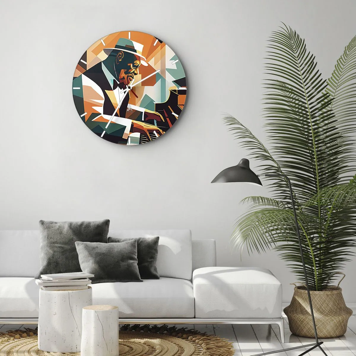 Vægur, Uret - Jazzmusiker ved klaveret i geometrisk stil - 30x30cm - Alt det jazz - Moderne vægdekoration til stue, køkken og soveværelse ARTTOR