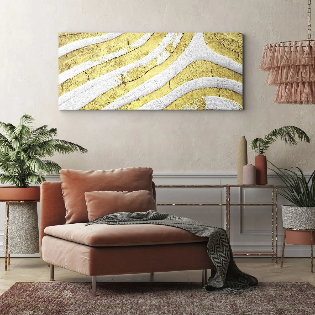 Lærredstryk - Billede på lærred - Sammensætning i hvidt og guld - 140x50 cm