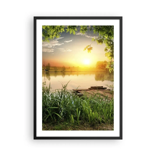 Plakat i sort ramme - Solnedgang over søen med en mole - 50x70cm - Landskab i en grøn ramme - Moderne vægdekoration til stue og soveværelse ARTTOR