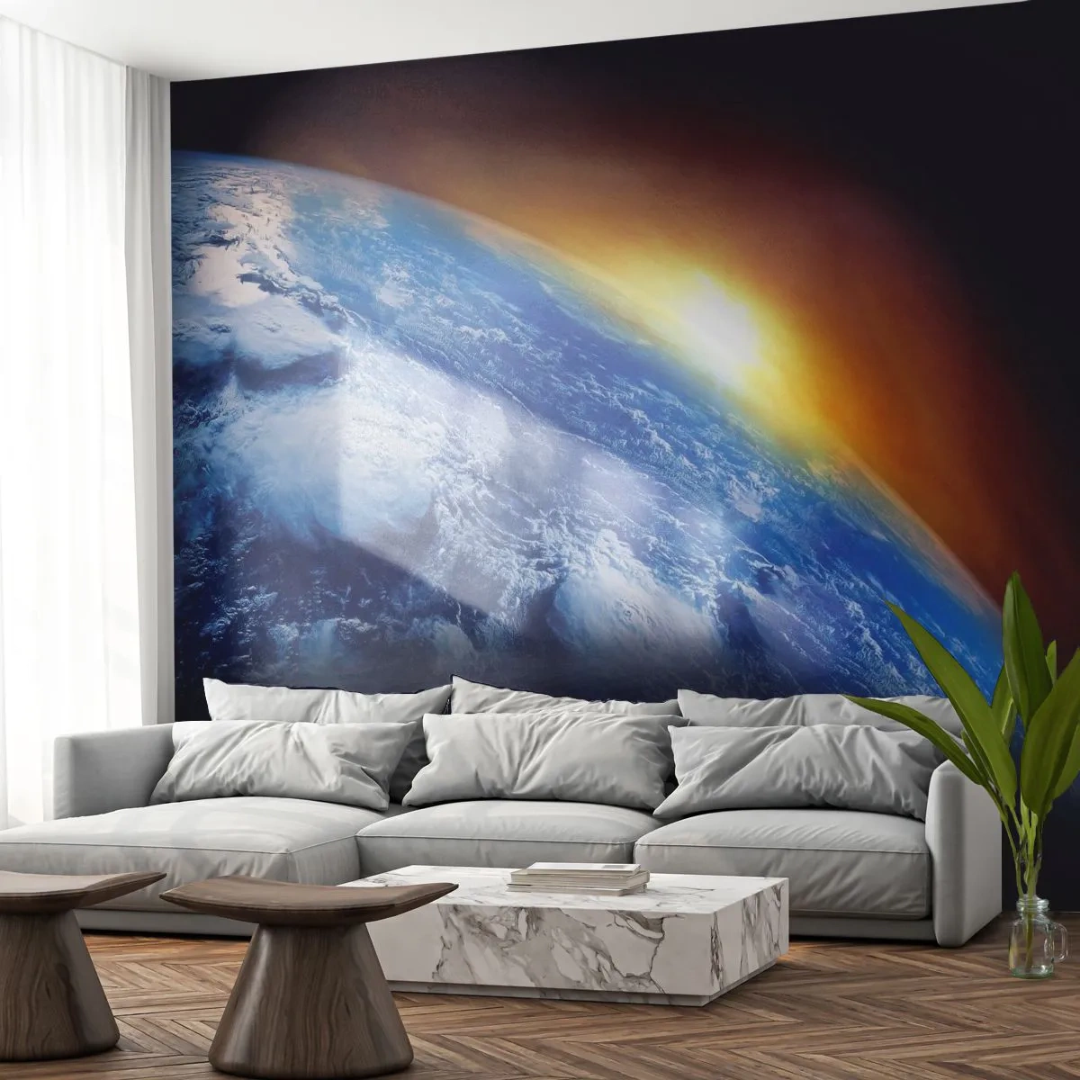 Fototapet Premium Sand - Solopgang over den blå planet - Abstraktion, 3D, Kosmos - 100x70 cm