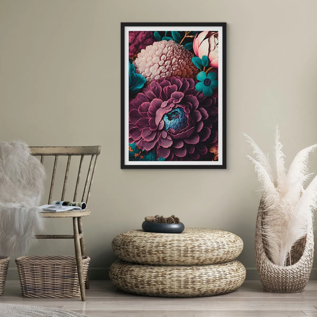 Plakat i sort ramme - Et blomsterarrangement i dybe nuancer - 50x70cm - Natur i overflod - Moderne vægdekoration til stue og soveværelse ARTTOR