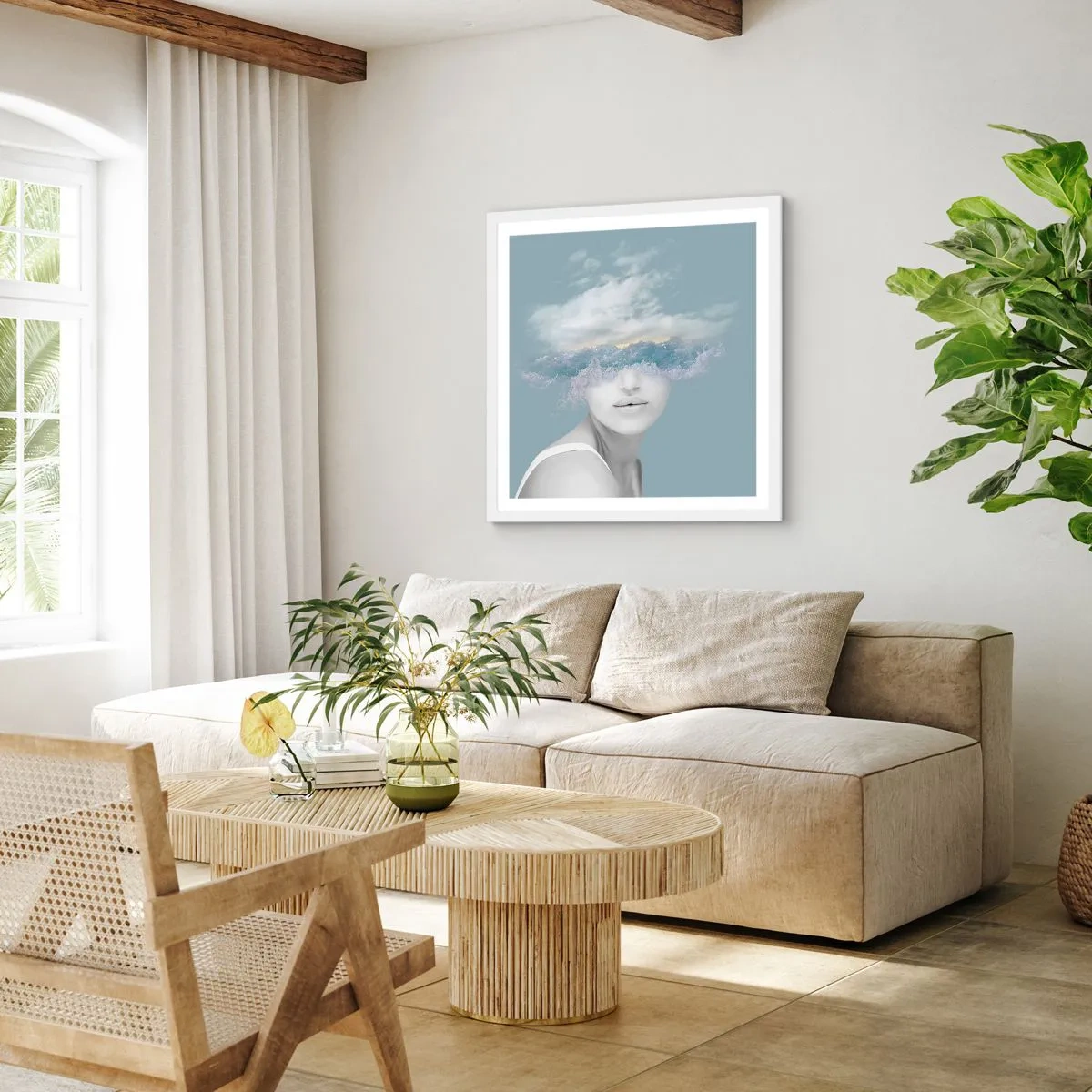 Plakat i hvid ramme - Med hovedet i skyerne - 40x40 cm