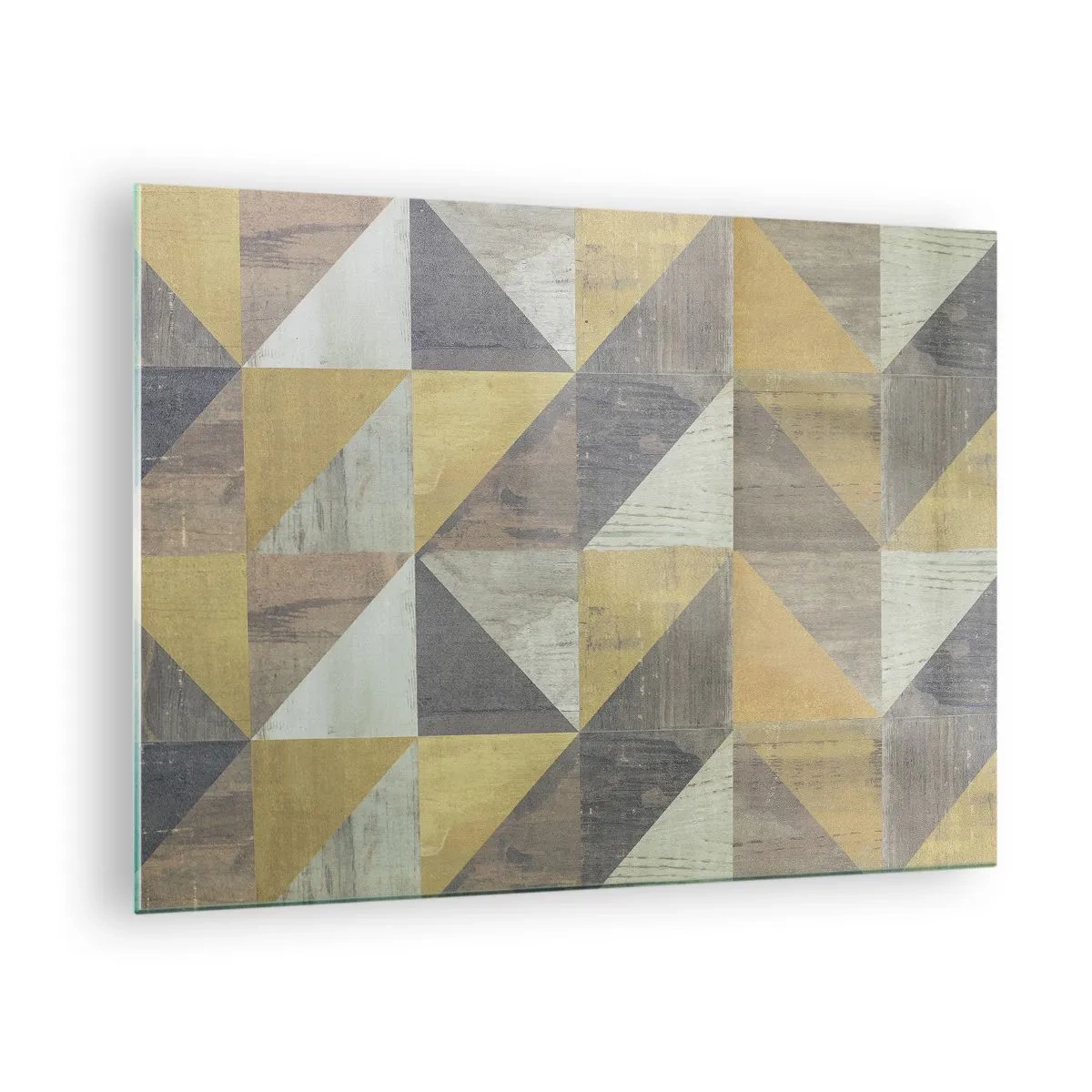 Billede på glas - Geometrisk mønster af trekanter i dæmpede farver - 70x50cm - Ved trekantens vinkel - Moderne vægdekoration til stue og soveværelse ARTTOR