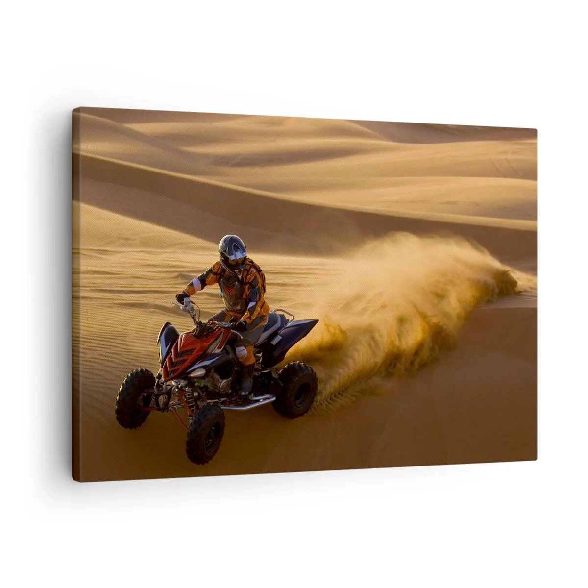 Lærredstryk - Billede på lærred - En motorcyklist på en ATV kører hurtigt hen over ørkenens klitter - 70x50cm - På bølger af sand - Moderne vægdekoration til stue og soveværelse ARTTOR