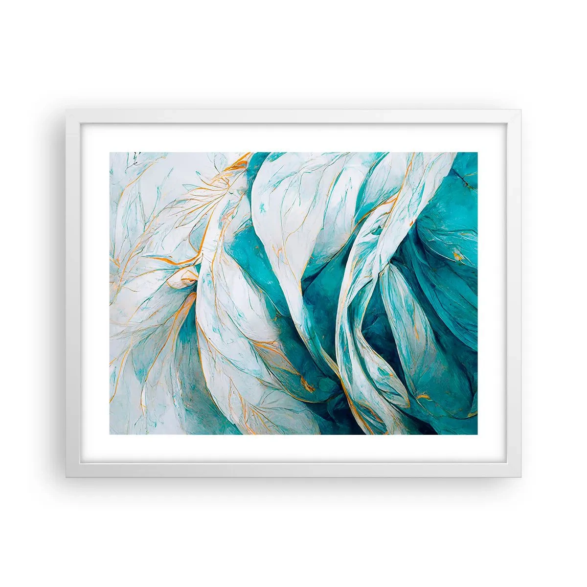 Plakat i hvid ramme - Blå abstraktion med et guldmotiv - 50x40 cm