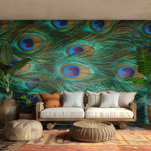 Fototapet Premium Canvas - En påfugls blik - Abstraktion, Påfuglefjer, Fuglens fjer - 400x280 cm