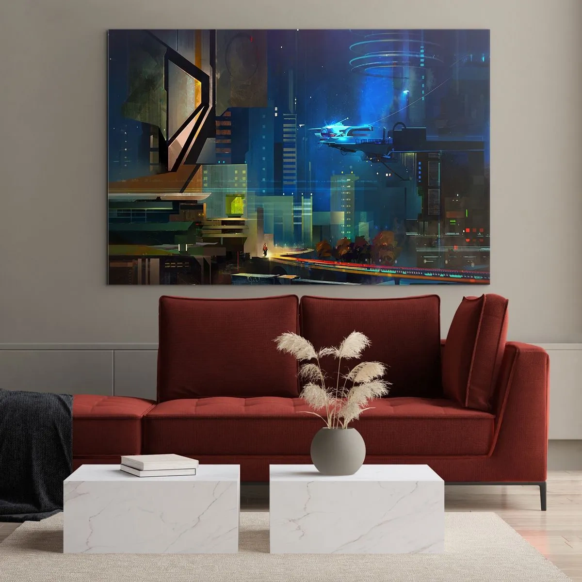 Billede på glas - Futuristisk by om natten med neonlys og et flyvende køretøj - 70x50cm - I den nærmeste fremtid - Moderne vægdekoration til stue og soveværelse ARTTOR