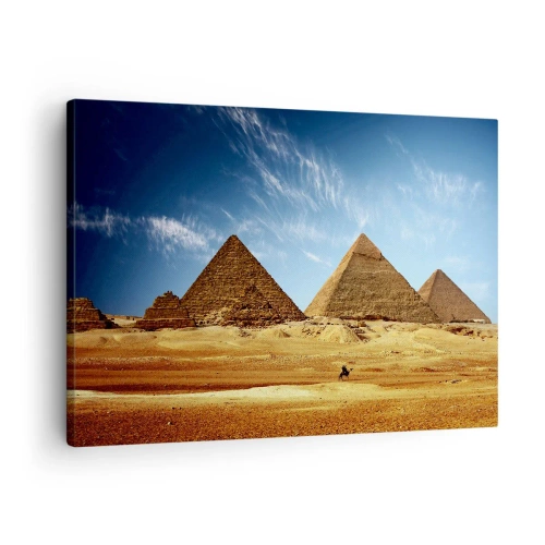 Lærredstryk - Billede på lærred - Pyramiderne i Giza mod en blå himmel og ørkenlandskab - 70x50cm - 40 århundreder ser på jer - Moderne vægdekoration til stue og soveværelse ARTTOR
