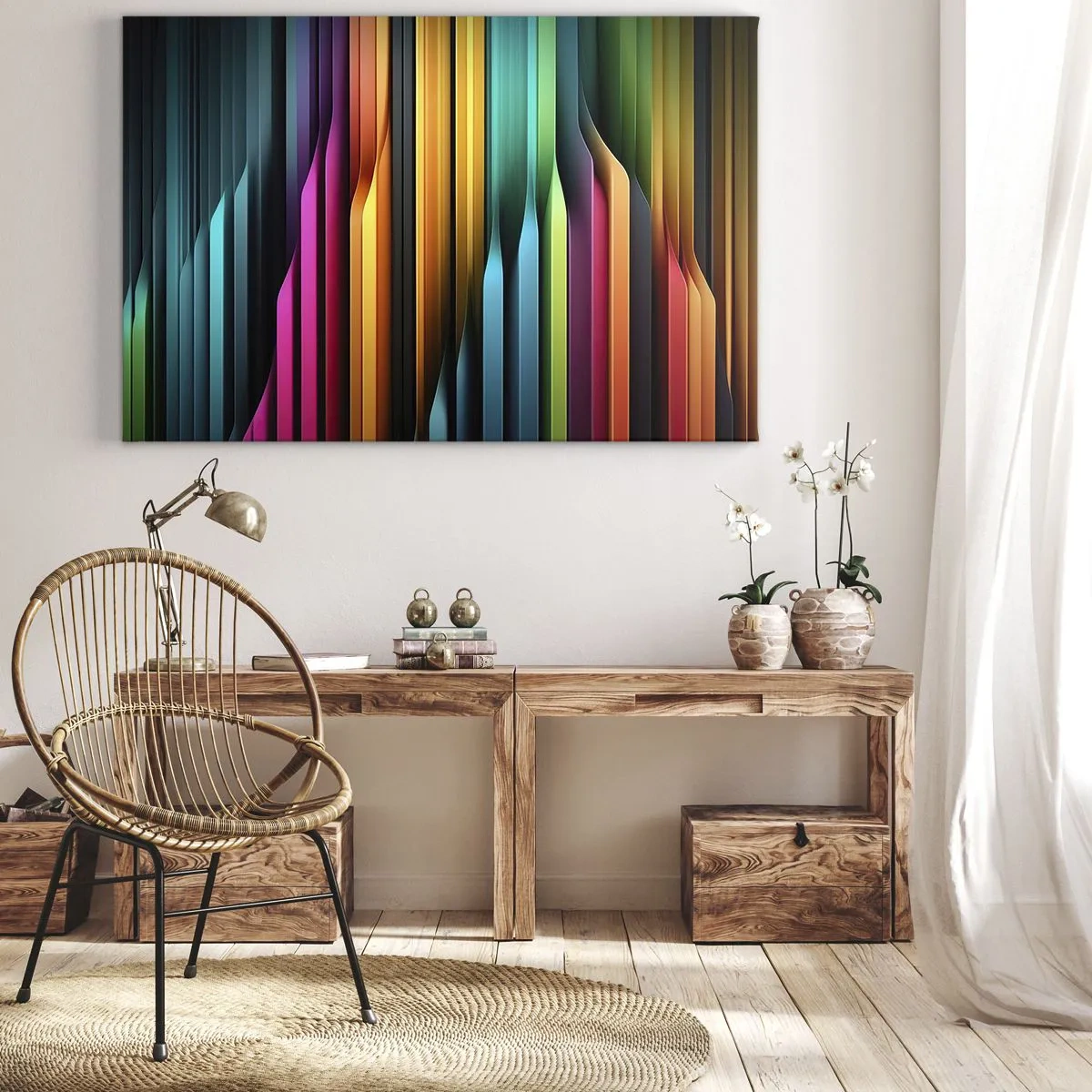 Lærredstryk - Billede på lærred - Farverige lodrette linjer skaber en dynamisk abstraktion. - 70x50cm - Lysende orgel - Moderne vægdekoration til stue og soveværelse ARTTOR
