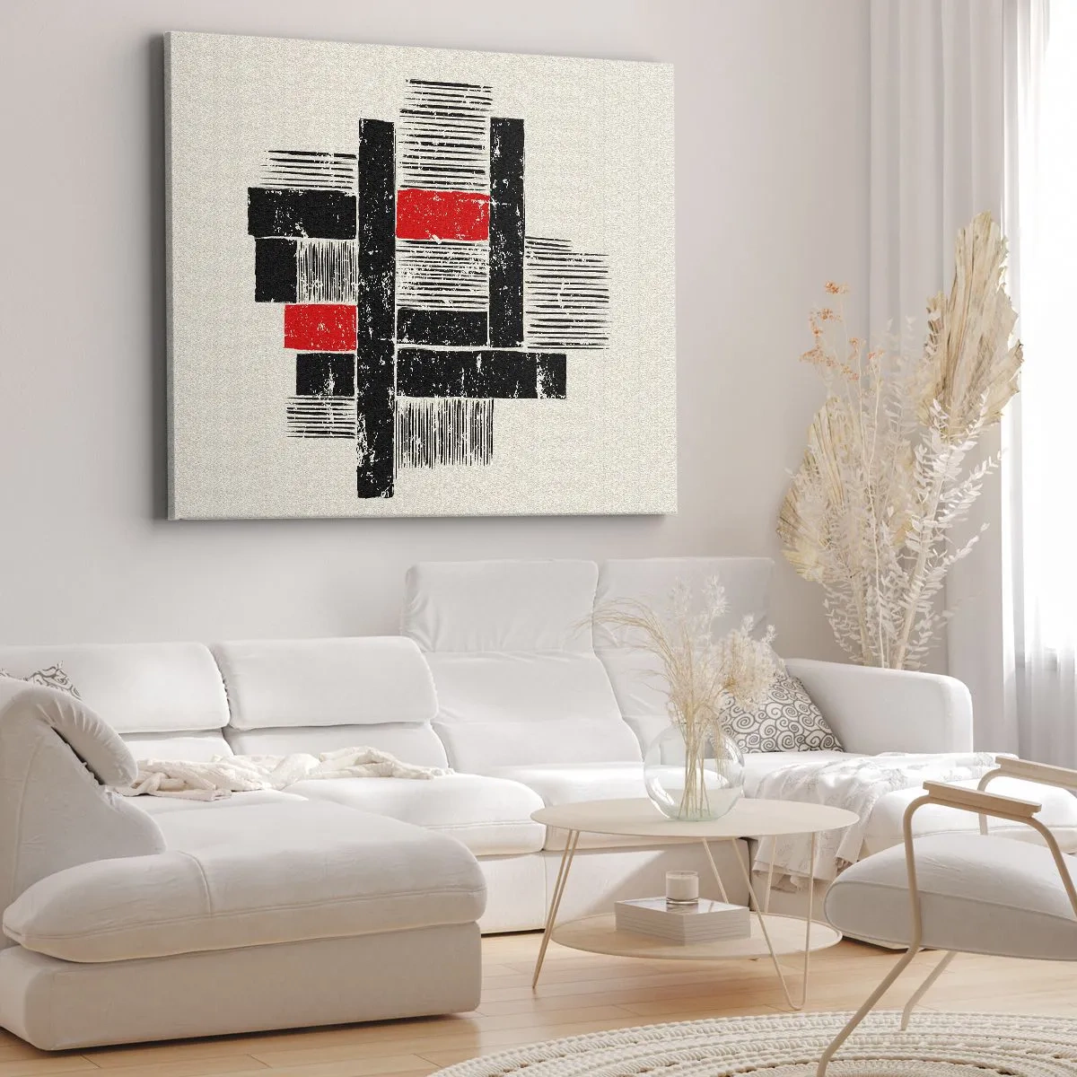 Lærredstryk - Billede på lærred - Abstrakt geometrisk komposition i sort og rød - 70x50cm - Rødt og sort - Moderne vægdekoration til stue og soveværelse ARTTOR