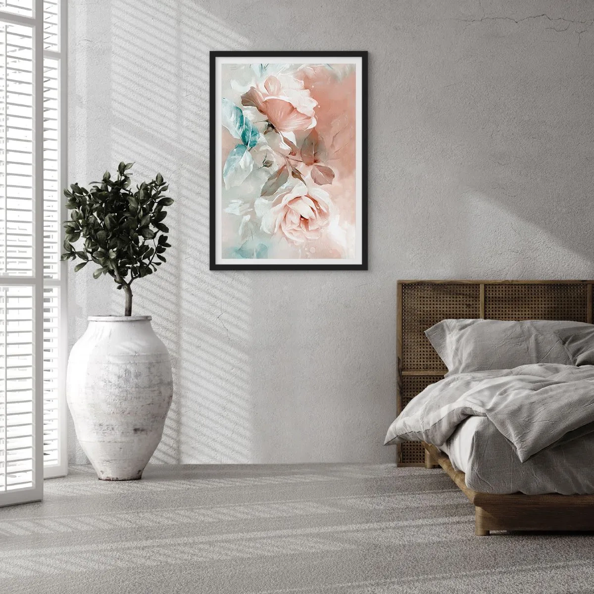Plakat i sort ramme - En malerisk komposition af roser i pastelfarver - 50x70cm - Den romantiske ånd - Moderne vægdekoration til stue og soveværelse ARTTOR
