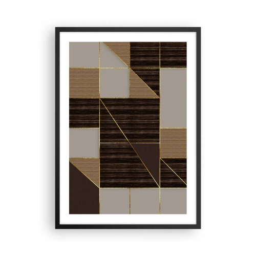 Plakat i sort ramme - Geometrisk komposition i brune og gyldne nuancer - 50x70cm - En mosaik af brune og gyldne farver - Moderne vægdekoration til stue og soveværelse ARTTOR