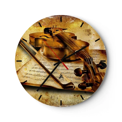 Vægur, Uret - Et violinmotiv med noder på en guldtonet baggrund - 30x30cm - Virtuos søges omgående - Moderne vægdekoration til stue, køkken og soveværelse ARTTOR