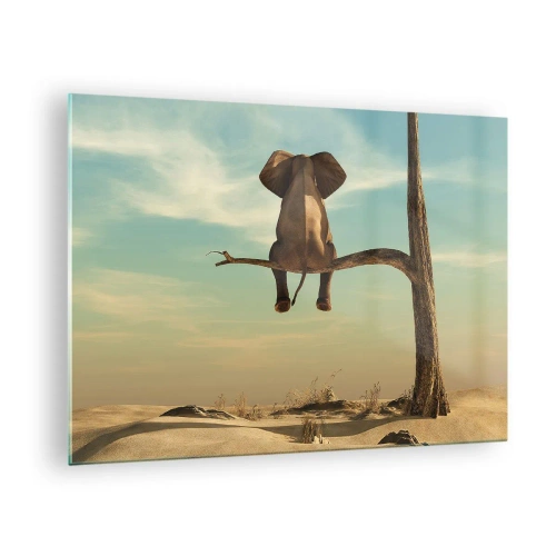 Billede på glas - En elefant på en trægren i surrealistiske omgivelser - 70x50cm - Et nyt synspunkt - Moderne vægdekoration til stue og soveværelse ARTTOR