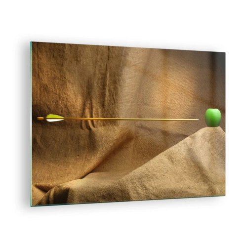 Billede på glas - Et grønt æble på en beige baggrund med en pil, der gennemborer det. - 70x50cm - Påkald William Tell's ånd - Moderne vægdekoration til stue og soveværelse ARTTOR