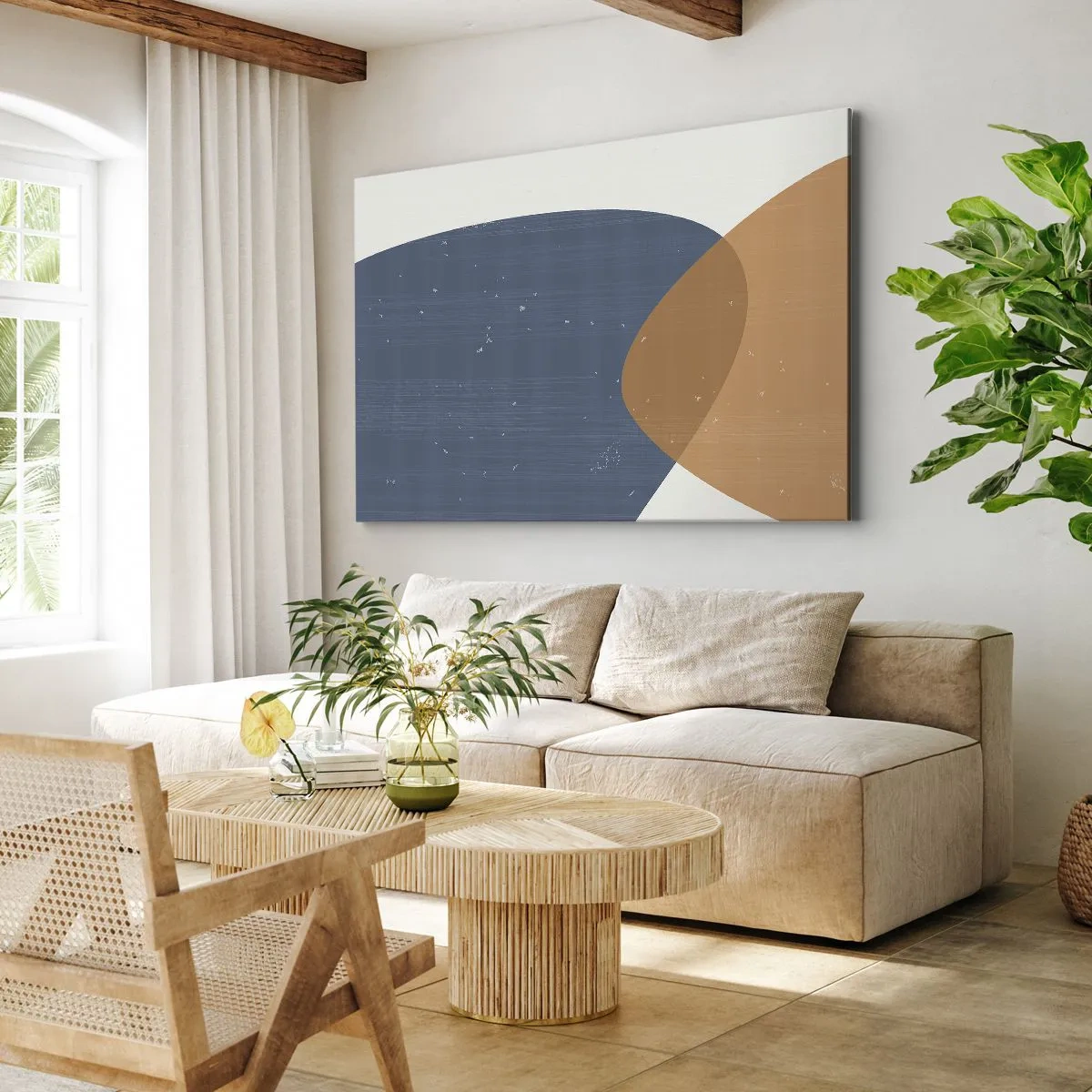 Lærredstryk - Billede på lærred - En minimalistisk geometrisk komposition i nuancer af blå og orange. - 70x50cm - Ovaler og påvirkninger - Moderne vægdekoration til stue og soveværelse ARTTOR