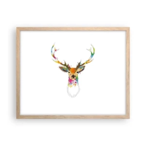 Plakat i ramme af lyst egetræ - Blid kronhjort badet i farver - 50x40 cm