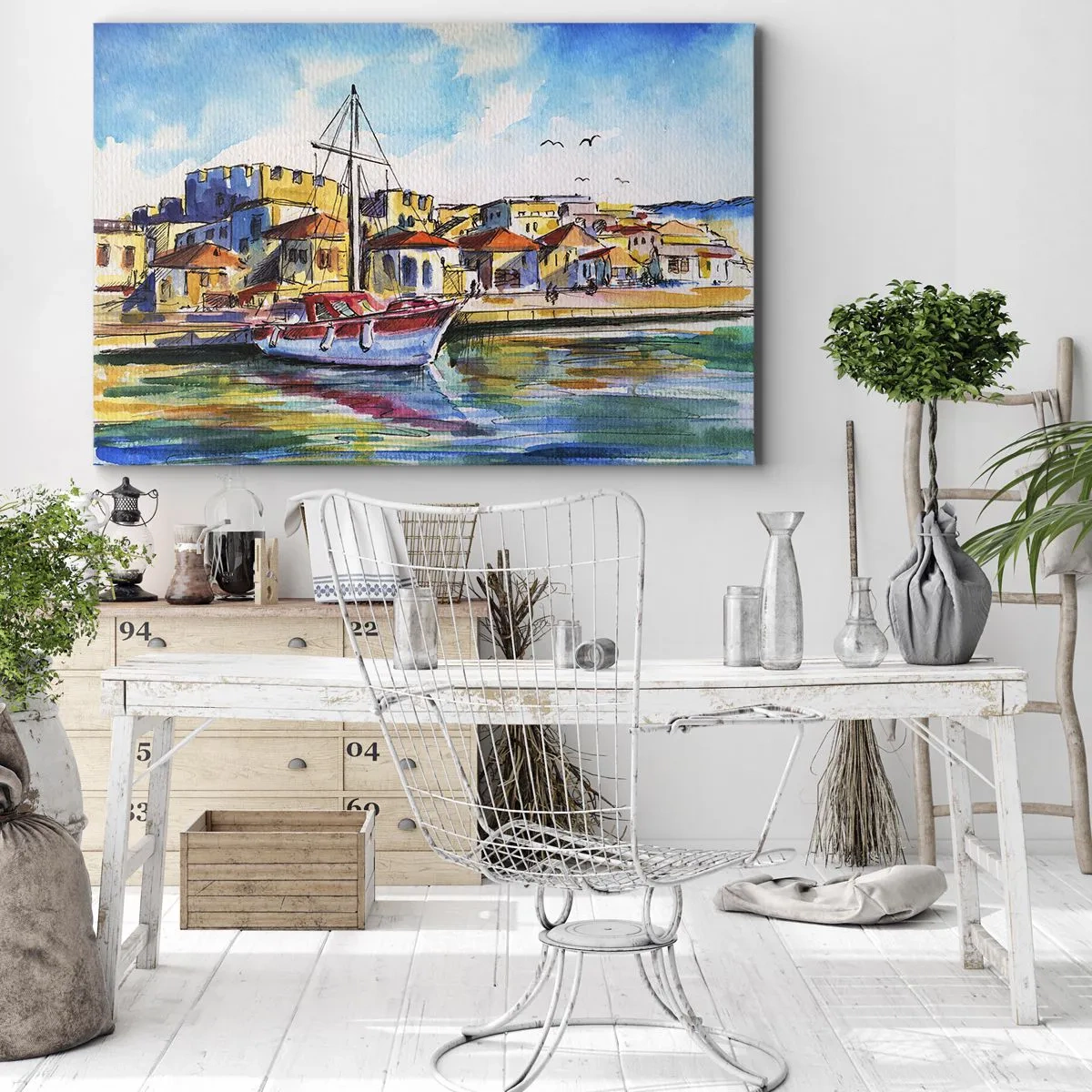 Lærredstryk - Billede på lærred - En malerisk havn med en båd og farverige bygninger - 70x50cm - Regnbue eftermiddag - Moderne vægdekoration til stue og soveværelse ARTTOR