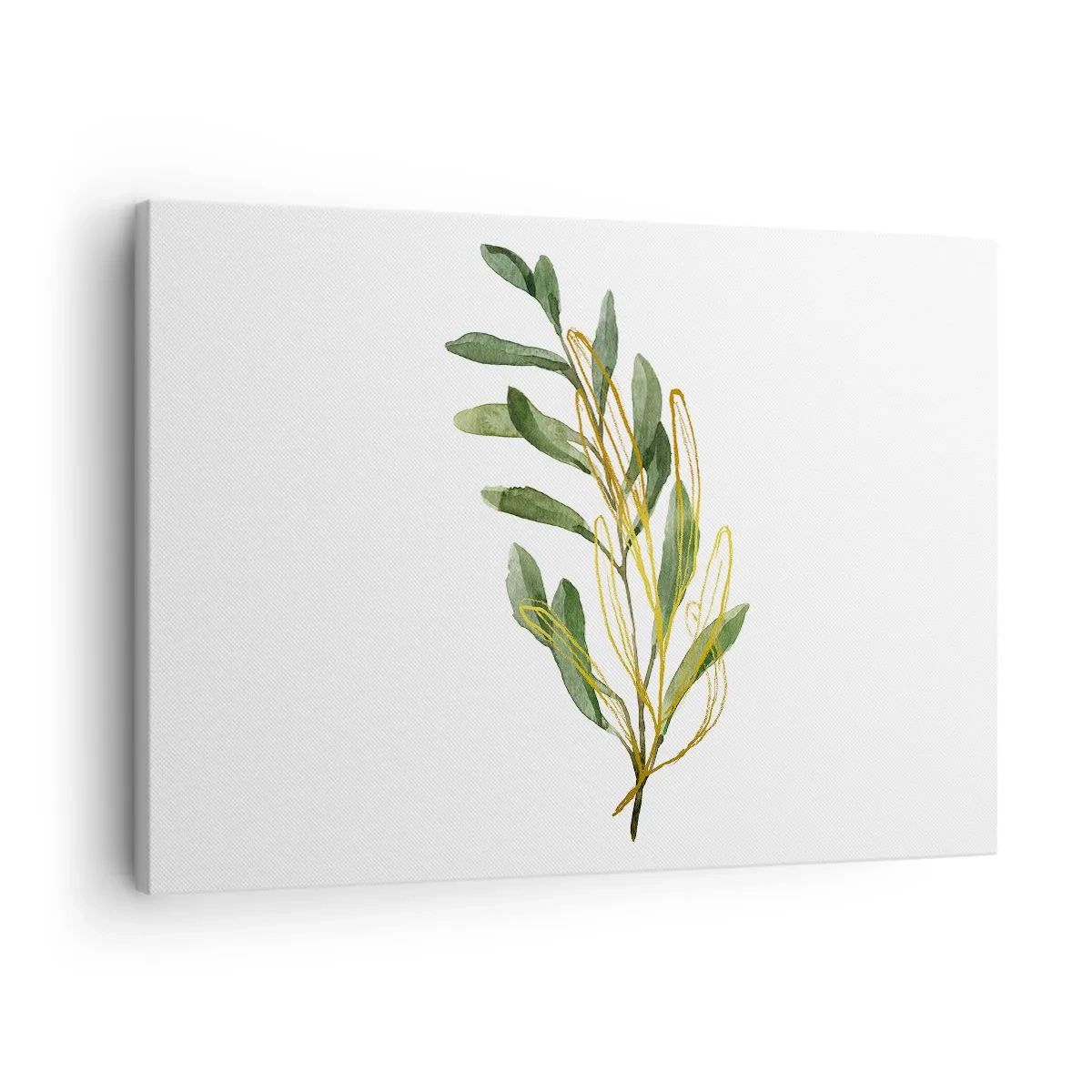 Lærredstryk - Billede på lærred - Grøn gren med blade på en hvid baggrund - 70x50cm - Alt, hvad der er godt - Moderne vægdekoration til stue og soveværelse ARTTOR