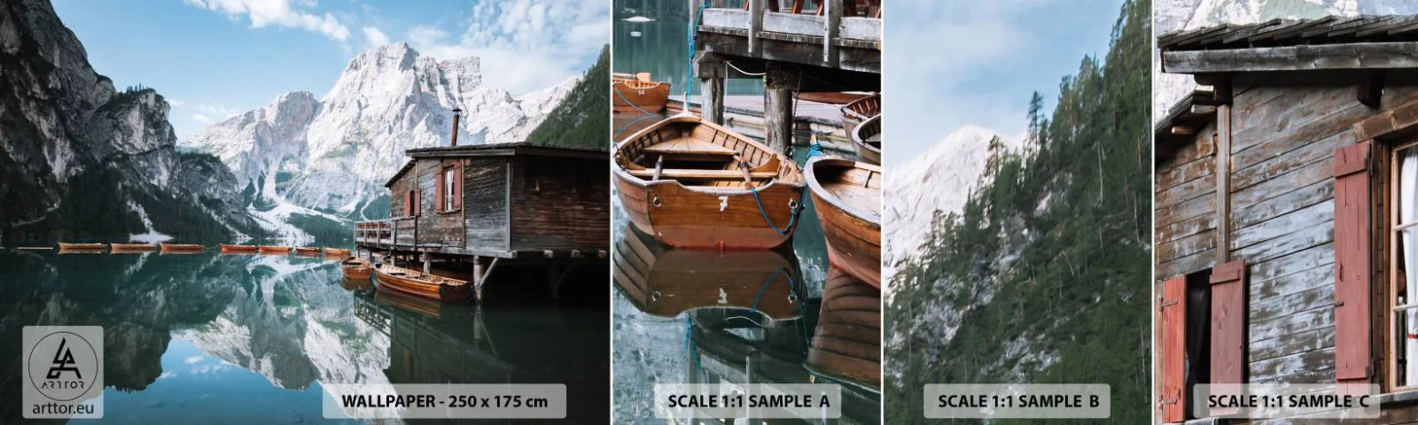 Fototapet Prøve Standard Eco - Krystalklar bjergmorgen - Bjerglandskab, Sol, Sø - 100x30 cm