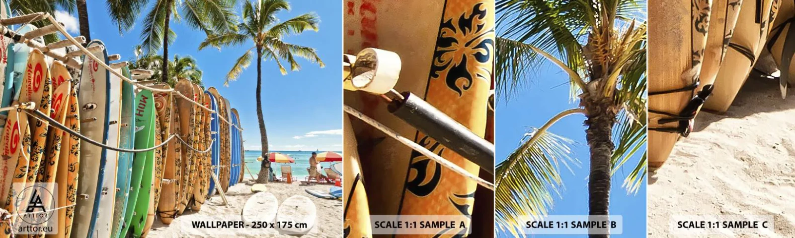 Prøve Fototapet Selvklæbende Deluxe Sticker - Solrig sjov - Landskab, Surfbræt, Strand - 100x30 cm