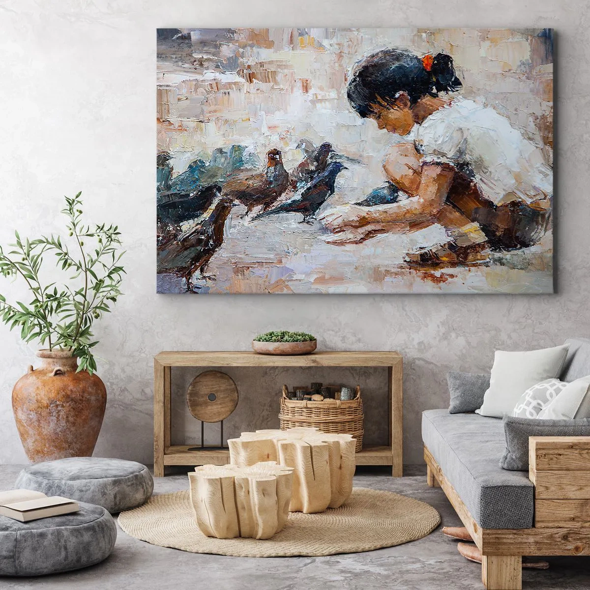 Lærredstryk - Billede på lærred - En pige, der fodrer fugle i malerisk stil - 70x50cm - De små og de sødeste - Moderne vægdekoration til stue og soveværelse ARTTOR