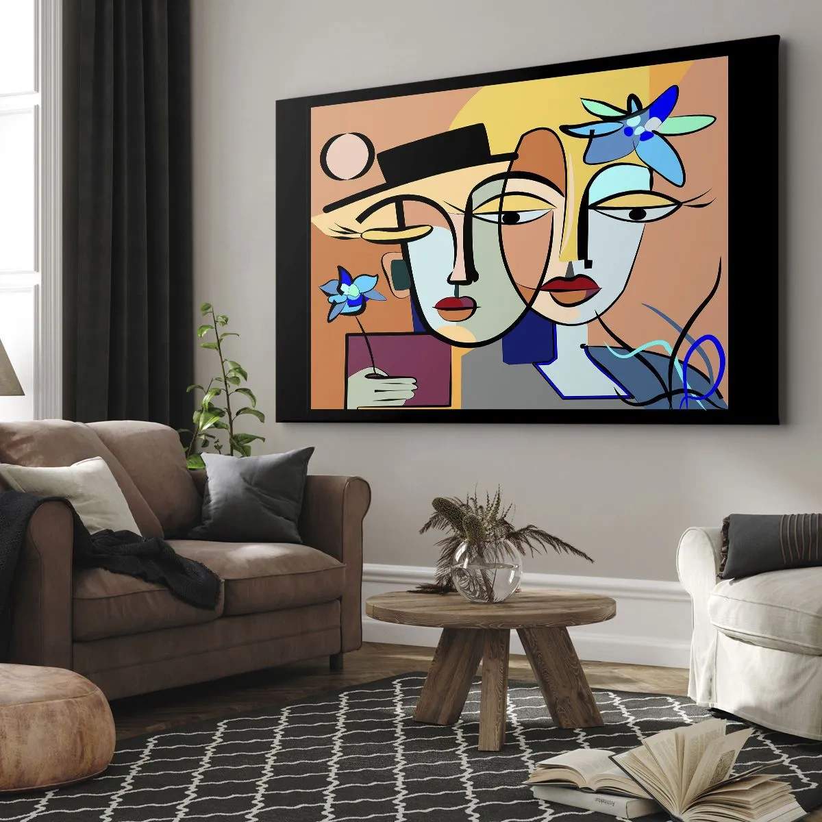 Lærredstryk - Billede på lærred - Kubistiske portrætter i livlige farver med blomstermotiv - 70x50cm - Picassos randez vous - Moderne vægdekoration til stue og soveværelse ARTTOR