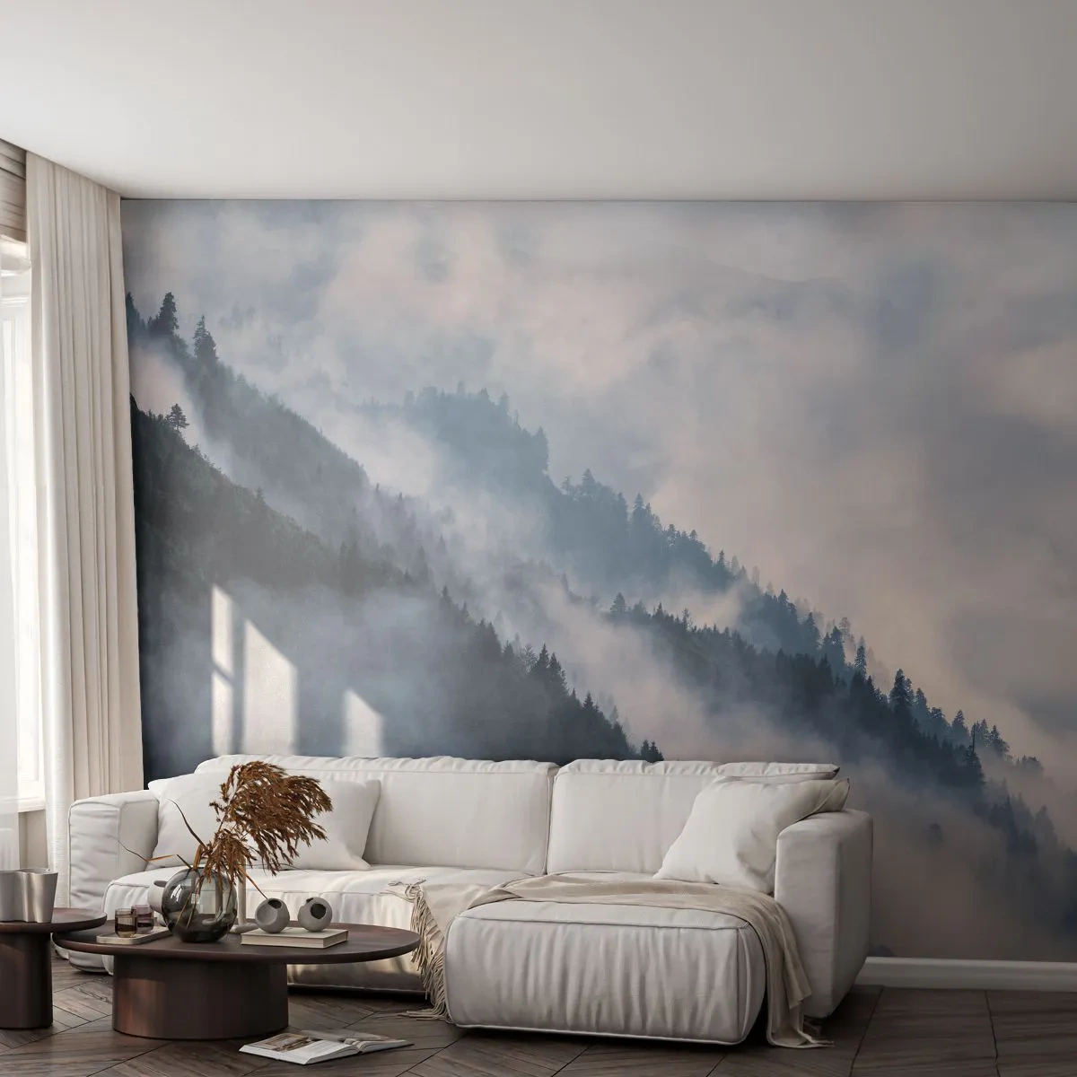 Fototapet Premium Sand - Bjergenes mystik - Landskab, Bjerge, Skov - 100x70 cm