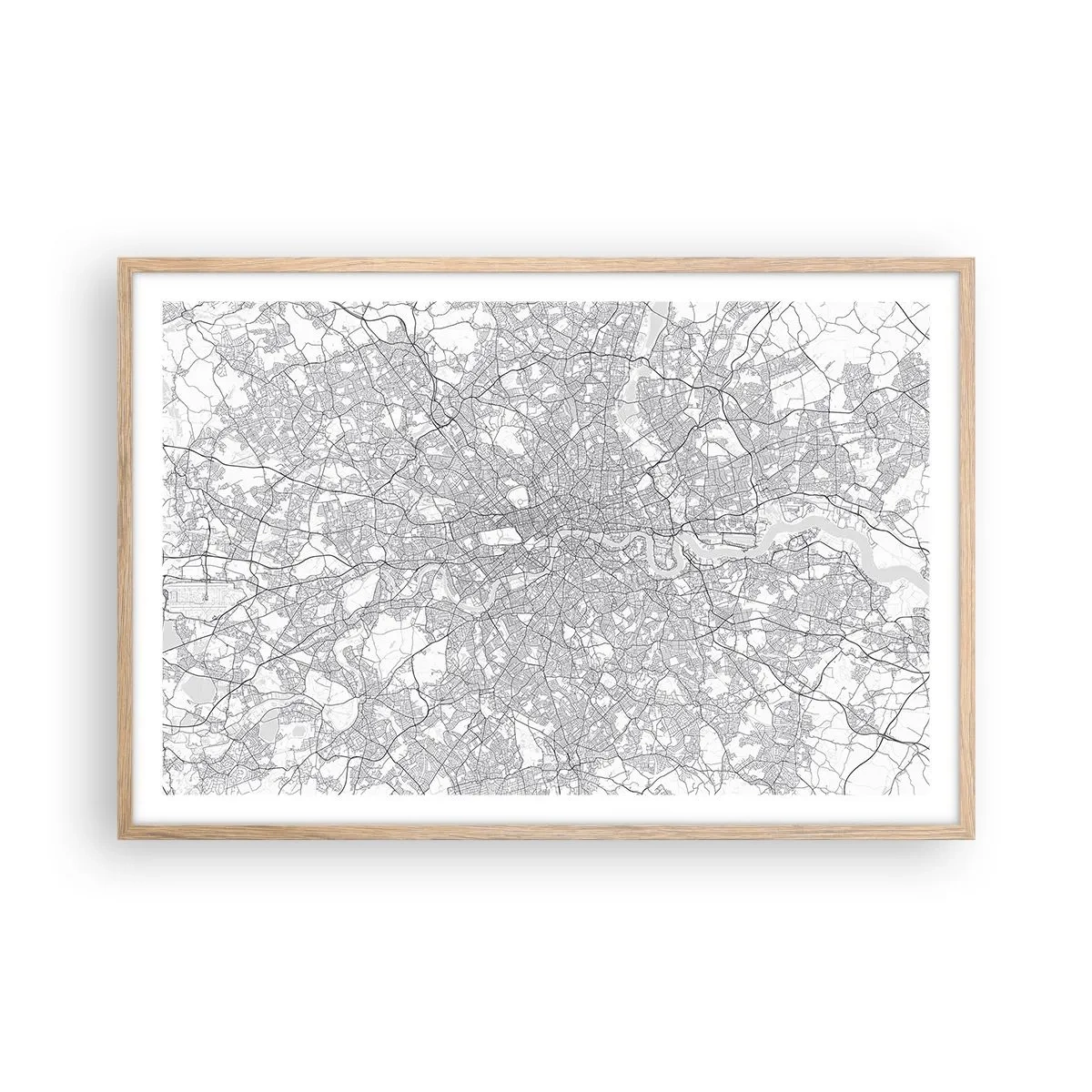 Plakat i ramme af lyst egetræ - Kort over Londons labyrint - 91x61 cm