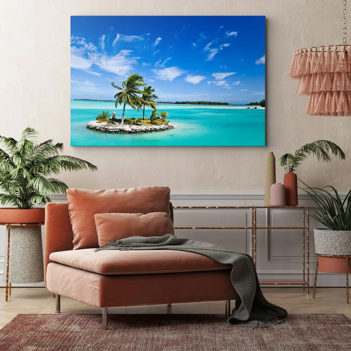Lærredstryk - Billede på lærred - En eksotisk ø med palmer i turkisblåt vand - 70x50cm - Paradis på jorden - Moderne vægdekoration til stue og soveværelse ARTTOR